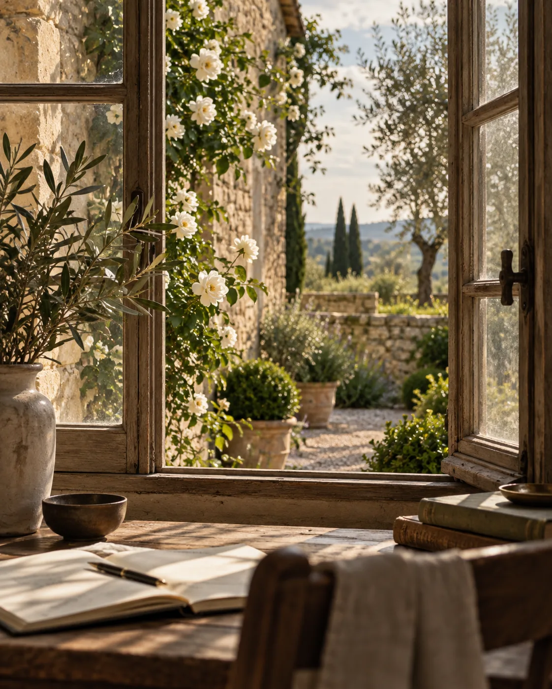 A sunlit garden seen from a quiet writing desk