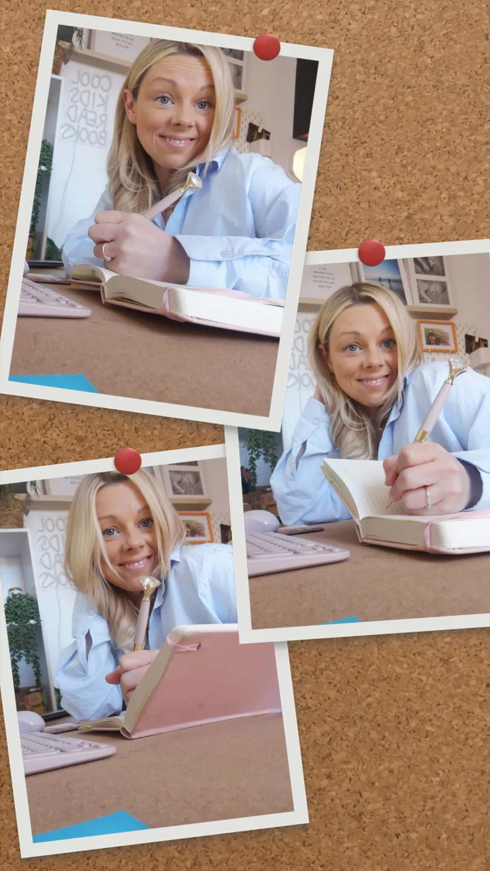 A collage of Katie writing at her desk