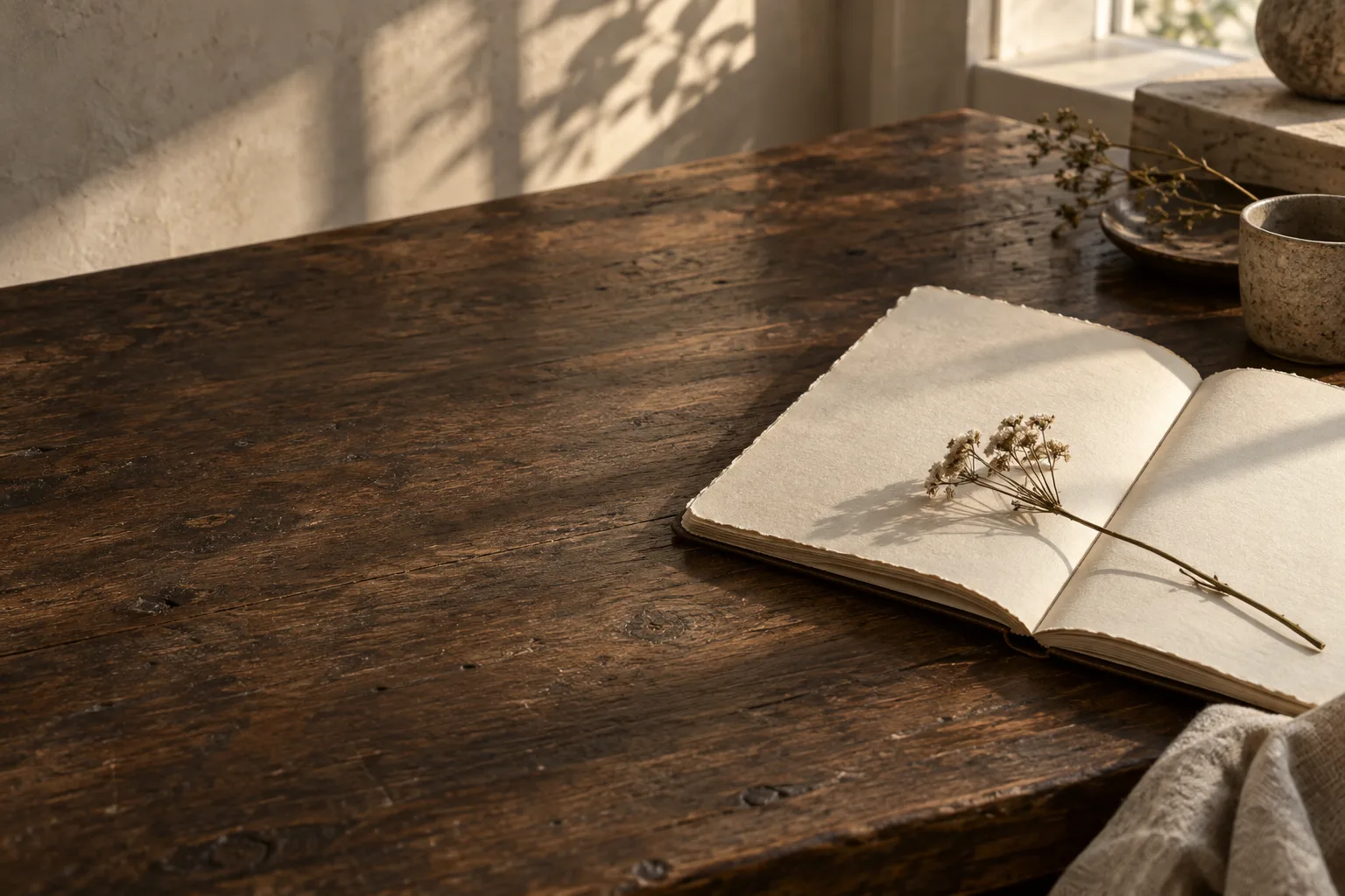 An open notebook and dried flowers on a sunlit writing desk